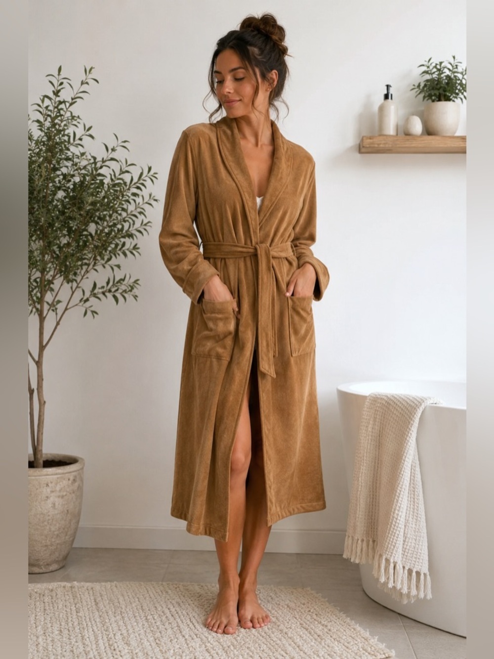 Women’s Camel Velour Tie Waist Bathrobe Robe XL